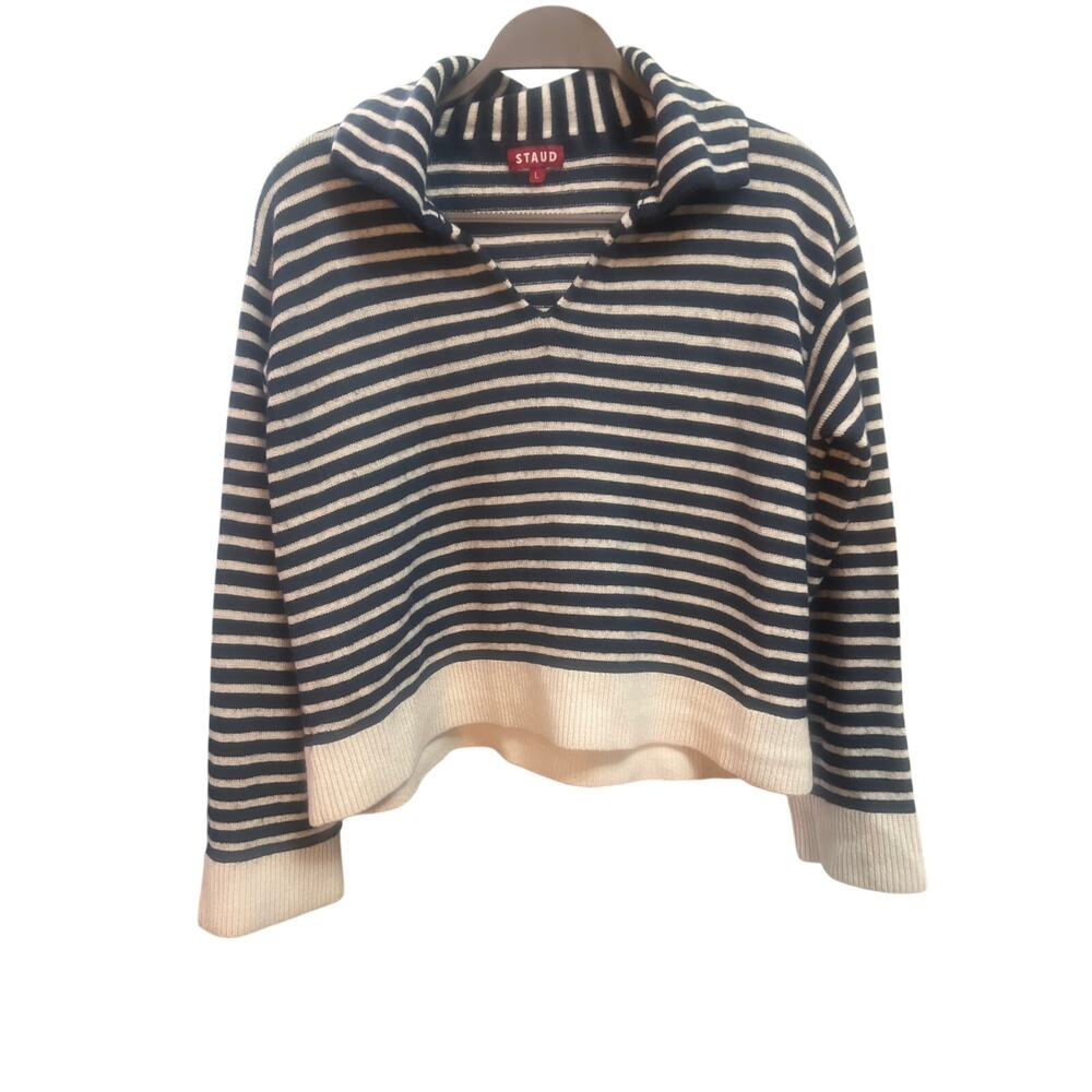 STAUD LINDEN STRIPED V NECK SWEATER SIZE L